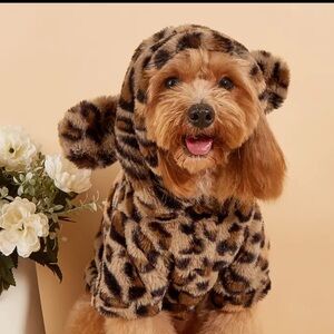 Leopard Print plush Dog cat pet sweater costume Hoodie warm soft brown